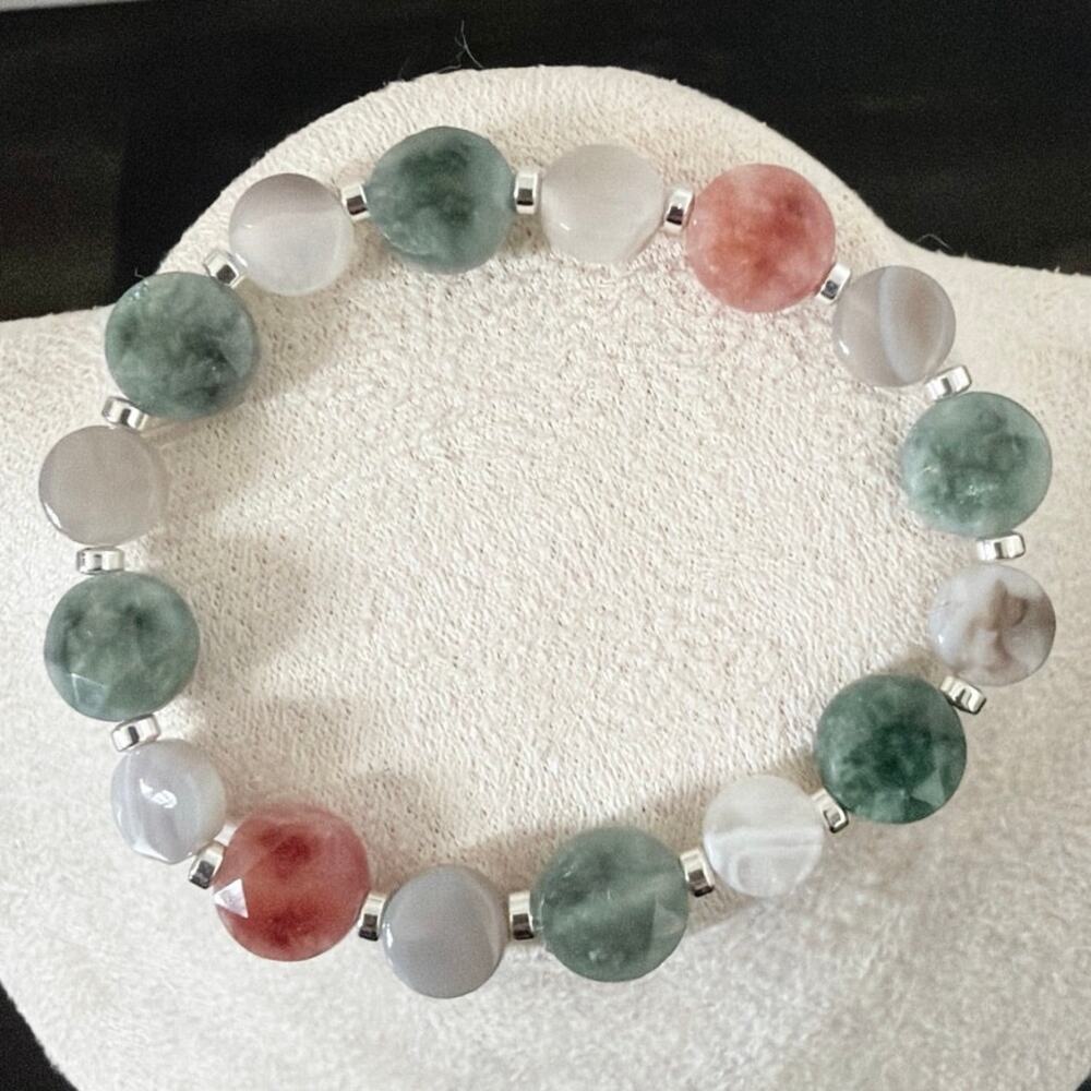 Second Bloom Studio Artisan Made Agate Stretch Bracelet 6.5" Green Orange Gray